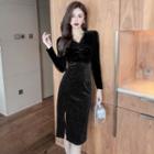 Long-sleeve V-neck Dotted Velvet Midi Sheath Dress