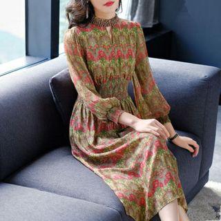 Beaded Patterned Long Sleeve Midi Dress