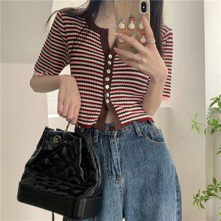 Elbow-sleeve Striped Button-up Knit Top