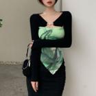 Mock Two-piece Long-sleeve Printed Top / Midi Pencil Skirt