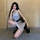 Spaghetti Strap Logo Print Plain Bodycon Dress