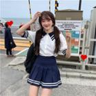 Short-sleeve Sailor Collar Shirt / Mini Pleated Skirt
