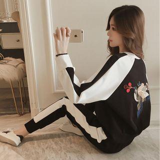 Set: Color Panel Bird Embroidered Pullover + Cropped Sweatpants