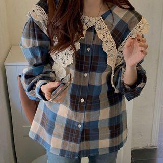 Long-sleeve Plaid Blouse Plaid - Blue & Gray & White - One Size