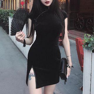 Side-slit Velvet Short-sleeve Mini Qipao