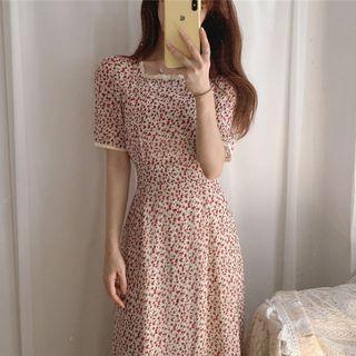Square Neck Floral Print Dress White - One Size