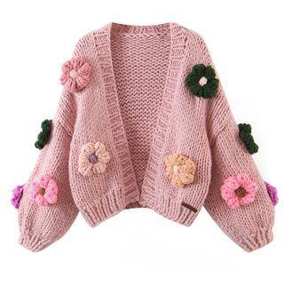 Floral-accent Open-front Cardigan Pink - One Size