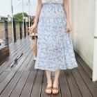 Band-waist Floral Print Skirt Sky Blue - One Size