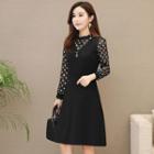 Dotted Mesh Panel Long-sleeve Midi A-line Dress