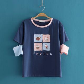 Rabbit Bear Print Round Neck Cut-out Sleeve T-shirt