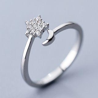 925 Sterling Silver Rhinestone Moon & Star Open Ring Silver - One Size