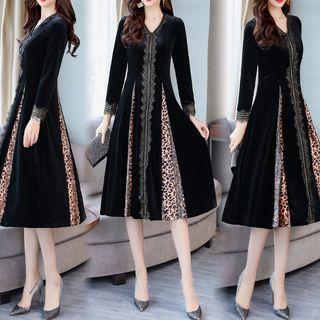 Long-sleeve Leopard Print Paneled Velvet A-line Midi Dress