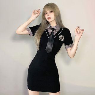 Mock Two-piece Short-sleeve Badge Embroidered Bodycon Dress
