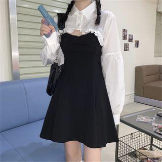 Long-sleeve Frill Trim Cropped Shirt / Spaghetti Strap A-line Mini Dress
