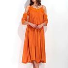 Lace Trim Cold Shoulder Pleated Midi Chiffon Dress
