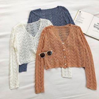 Plain V-neck Perforated Long-sleeve Knit Top