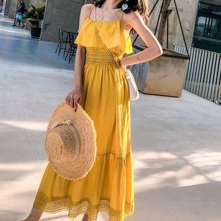 Open Back Spaghetti Strap Midi A-line Dress / Mesh Open Front Long Jacket