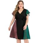 Plus Size Cap-sleeve Color Block Panel A-line Dress