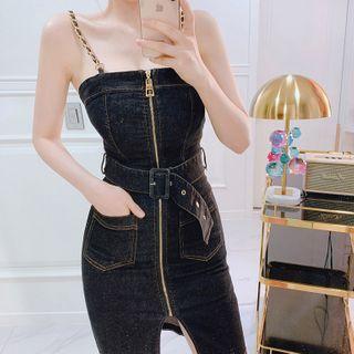 Spaghetti Strap Zip-up Denim Mini Bodycon Dress