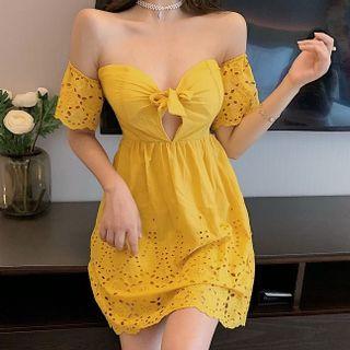 Off-shoulder Eyelet Lace Mini Sheath Dress