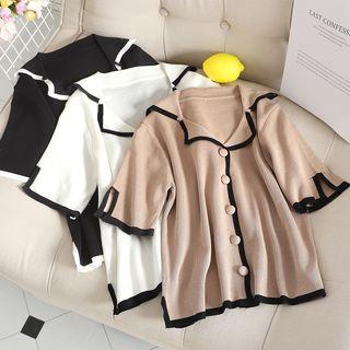 Color Panel Trim Lapel Knit Top