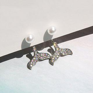 Faux Pearl Rhinestone Whale Tail Earring 1 Pair - 925 Silver - One Size