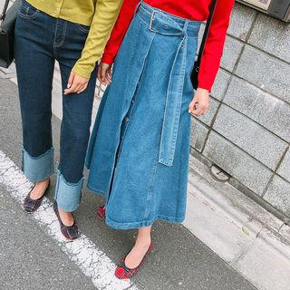 Belted Denim Maxi Flare Skirt