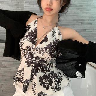 Halter-neck Floral Camisole Top / Plain Cardigan