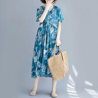 Short-sleeve Leaf Print Midi Dress Blue - One Size