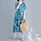 Short-sleeve Leaf Print Midi Dress Blue - One Size