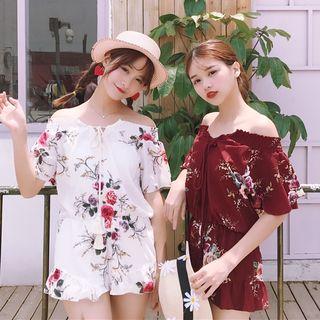Floral Print Off Shoulder Short Sleeve Playsuit