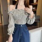 3/4-sleeve Off-shoulder Check Top Plaid - White - One Size