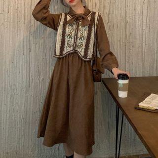 Set: Long-sleeve Midi A-line Dress + Floral Embroidered Vest