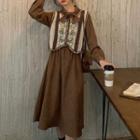 Set: Long-sleeve Midi A-line Dress + Floral Embroidered Vest