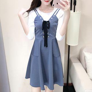 Set: 3/4-sleeve Top + Strappy Striped A-line Mini Dress