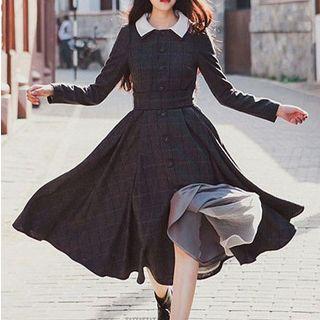 Long-sleeve Plaid Woolen Midi Dress