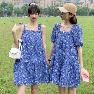 Puff-sleeve Square Neck Plaid Floral A-line Dress / Square Neck Plaid Floral A-line Strap Dress