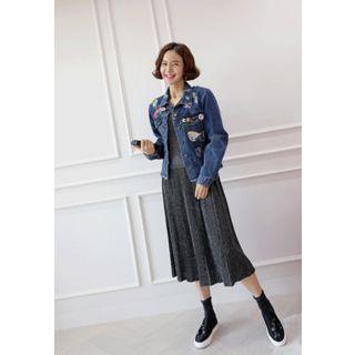 Applique-trim Distressed Denim Jacket