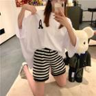Striped Drawstring Shorts / Lettering Elbow-sleeve T-shirt