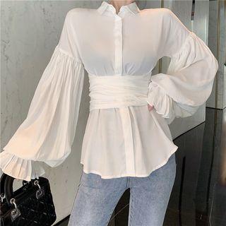 Balloon-sleeve Tie-waist Shirt White - One Size