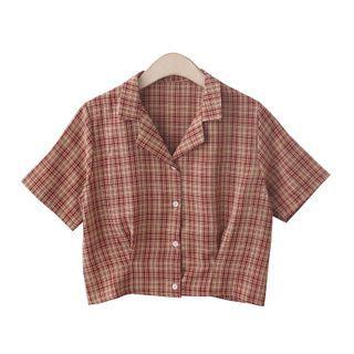 Two Tone Plaid Button-up Oversize Cropped Shirt
