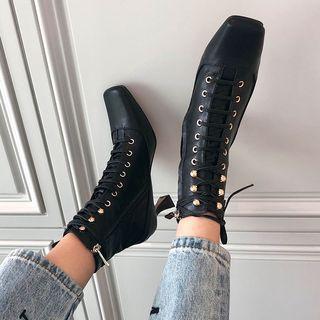 Faux Leather Square Toe High-heel Short Boots