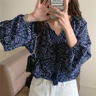 Long-sleeve Tie Neck Pattern Printed Blouse