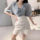 Short-sleeve Ruffled Chiffon Blouse / A-line Skirt