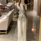 Set: V-neck Knit Top + Plain Wide-leg Pants