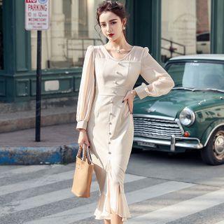 Long-sleeve V-neck Midi Mermaid Dress