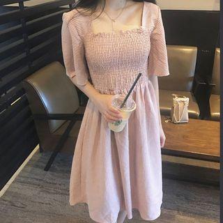 Shirred Short-sleeve A-line Midi Dress