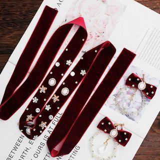 Set: Wedding Floral Print Headband + Bow Faux Crystal Hoop Earring Headband + Earring - One Size