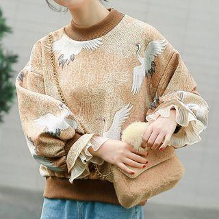 Crane Print Mock Two-piece Pullover