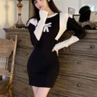 Cold-shoulder Two-tone Knit Mini Sheath Dress Black & White - One Size